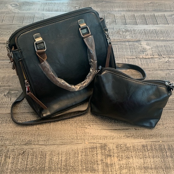 2 Piece Bag Purse Set, handles strap, NWOT, Black and Brown Faux leather - Picture 5 of 12